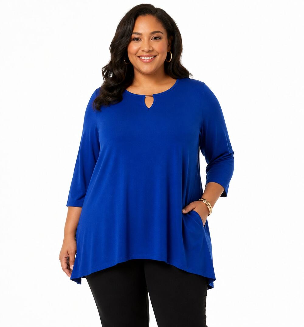 Belle by Kim Gravel Women's 1X Royal Blue 3/4 Sleeve Stretch Tunic Blouse NWOT